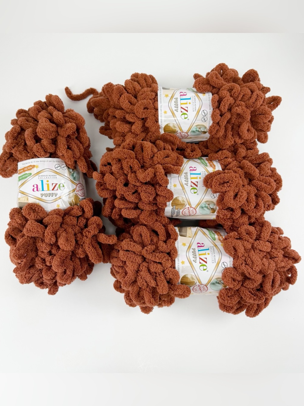 Alize Puffy Yarn Lot of 4 Skeins Brown 597 Loop Finger Knitting No Needle NWT